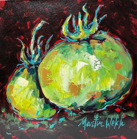 "Unfried" Original Painting of a green tomato 12x12