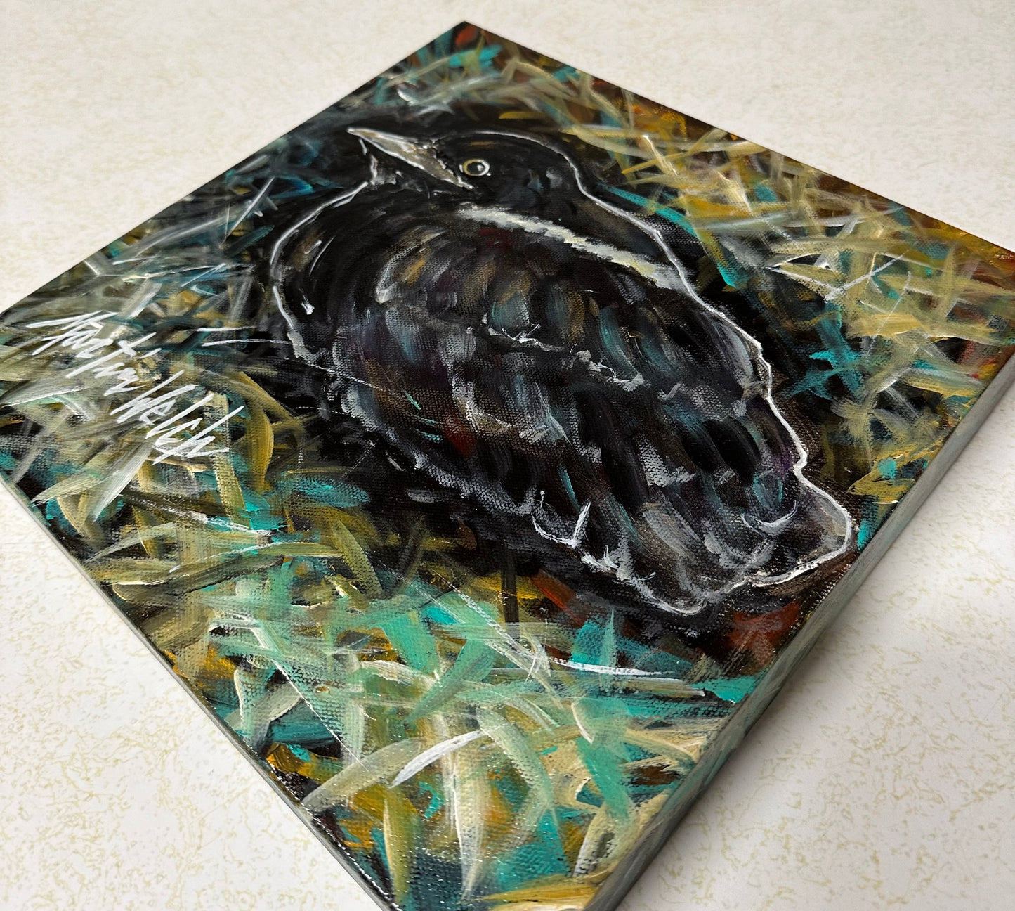 "Nesting" Baby Crow Original Painting 12"x12" by Martin Welch