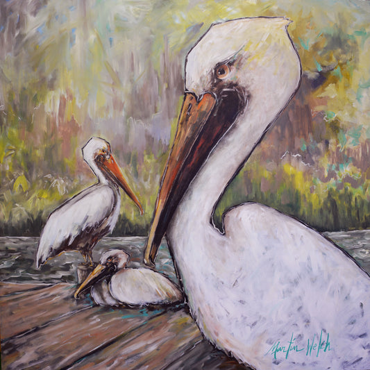 "Three Pelicans on a Pier" Original Painting by Martin Welch