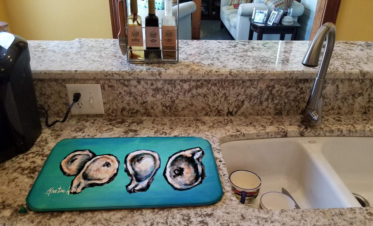 Four Oyster Shells on Board Dish Drying Mat