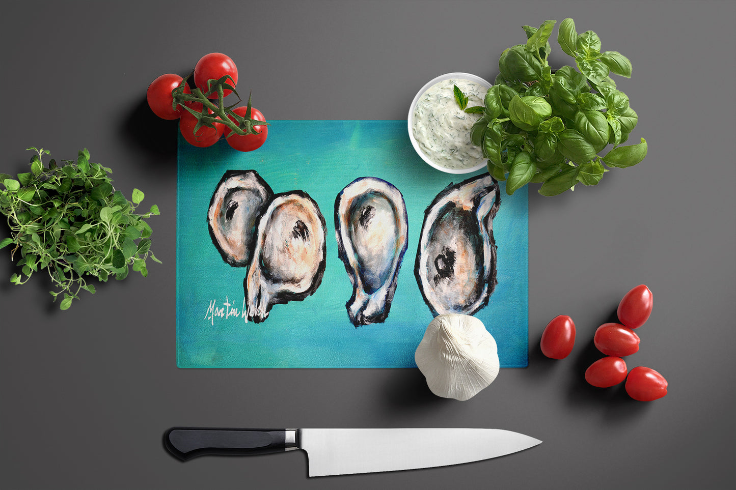 Four Oyster Shells on Board Glass Cutting Board