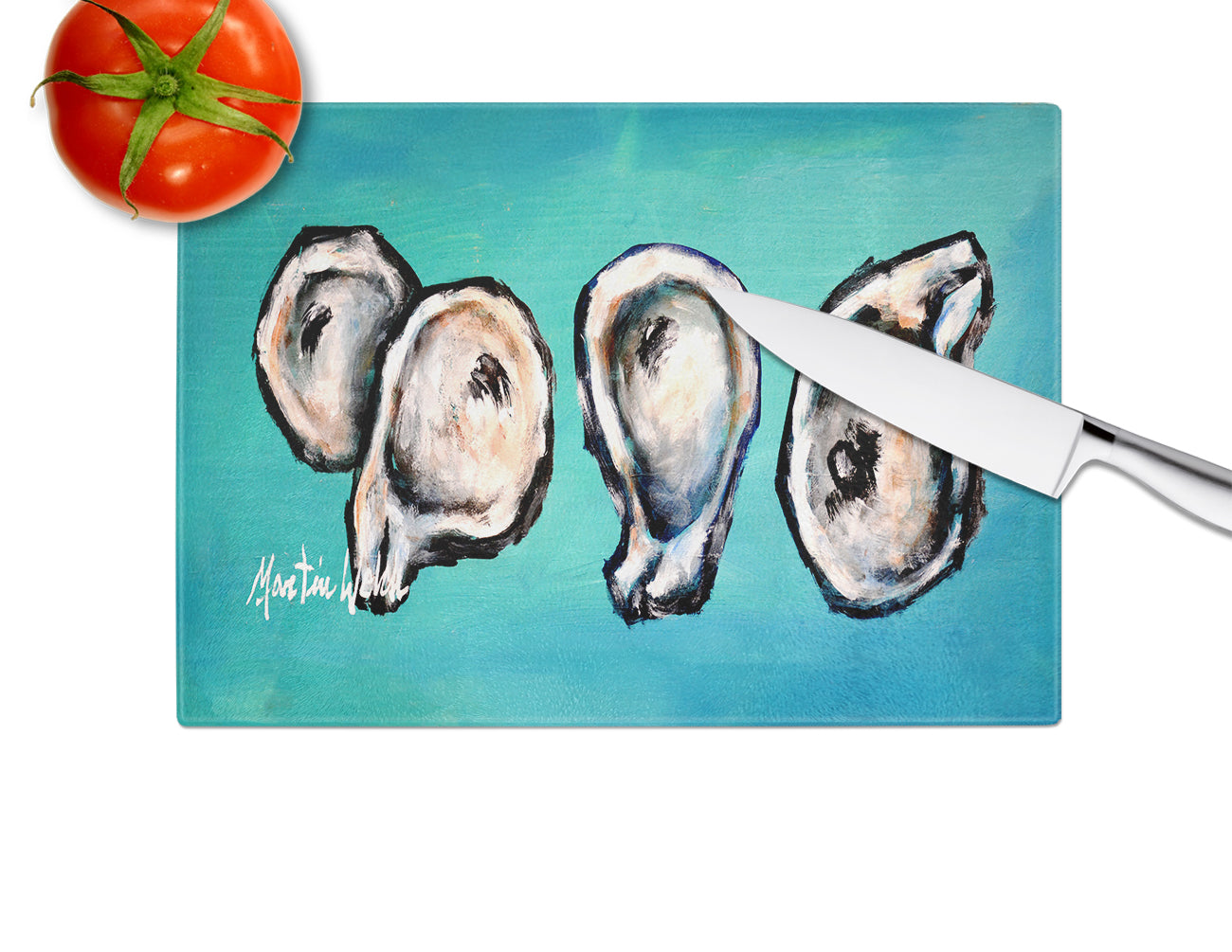 Four Oyster Shells on Board Glass Cutting Board