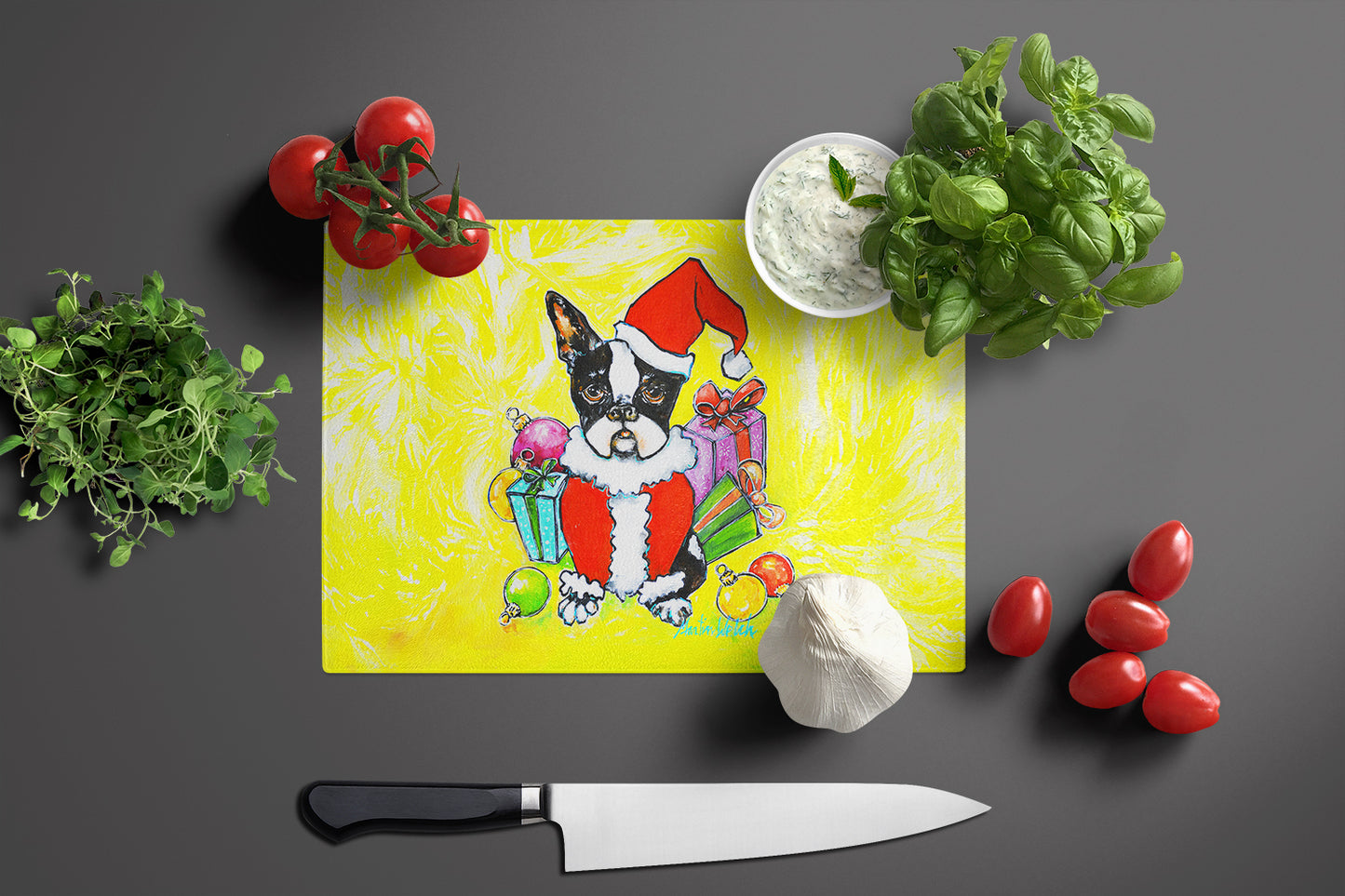 Boston Terrier Stinker That Stole Christmas Glass Cutting Board