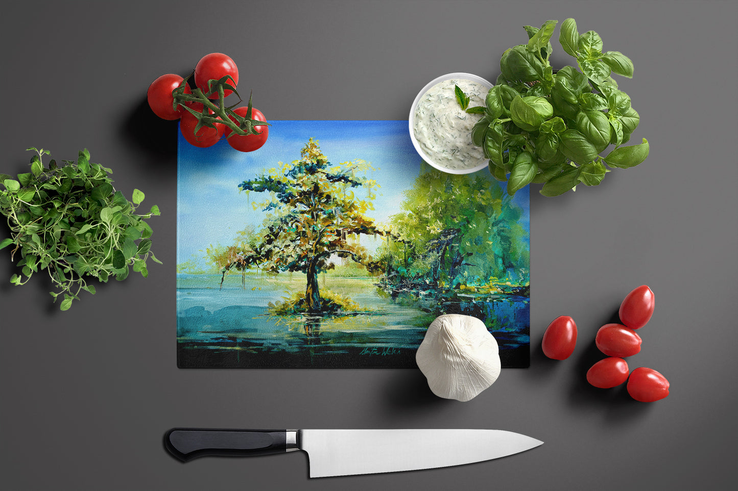 Cypress Tree in the Bayou Blue Glass Cutting Board