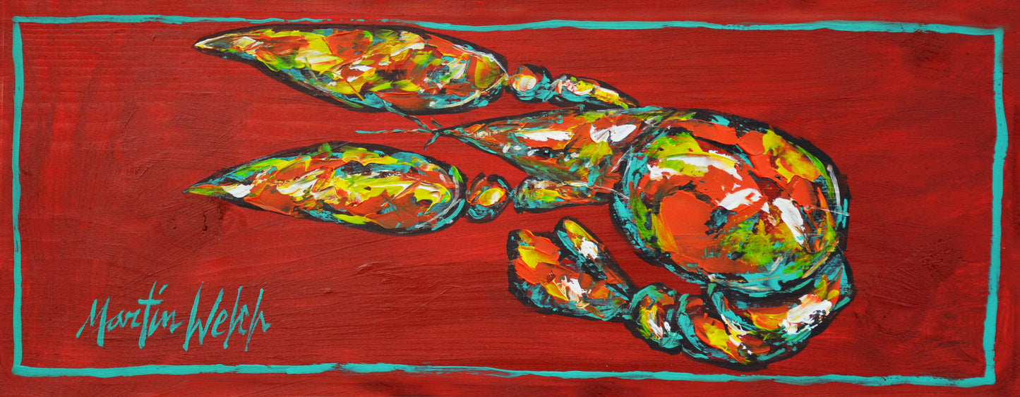 "Crawfish on Red Board" 9.5 x 24 Original Painting of Crawfish