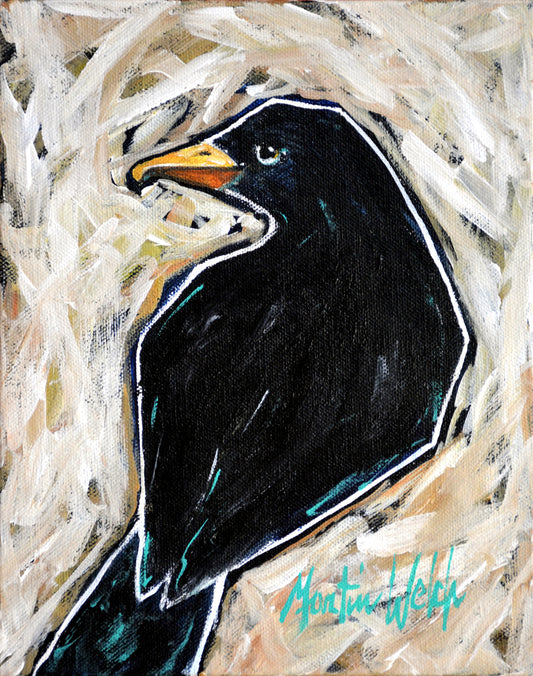 "Kitty" Original Painting of a black bird/raven on multi-colored background 8x10