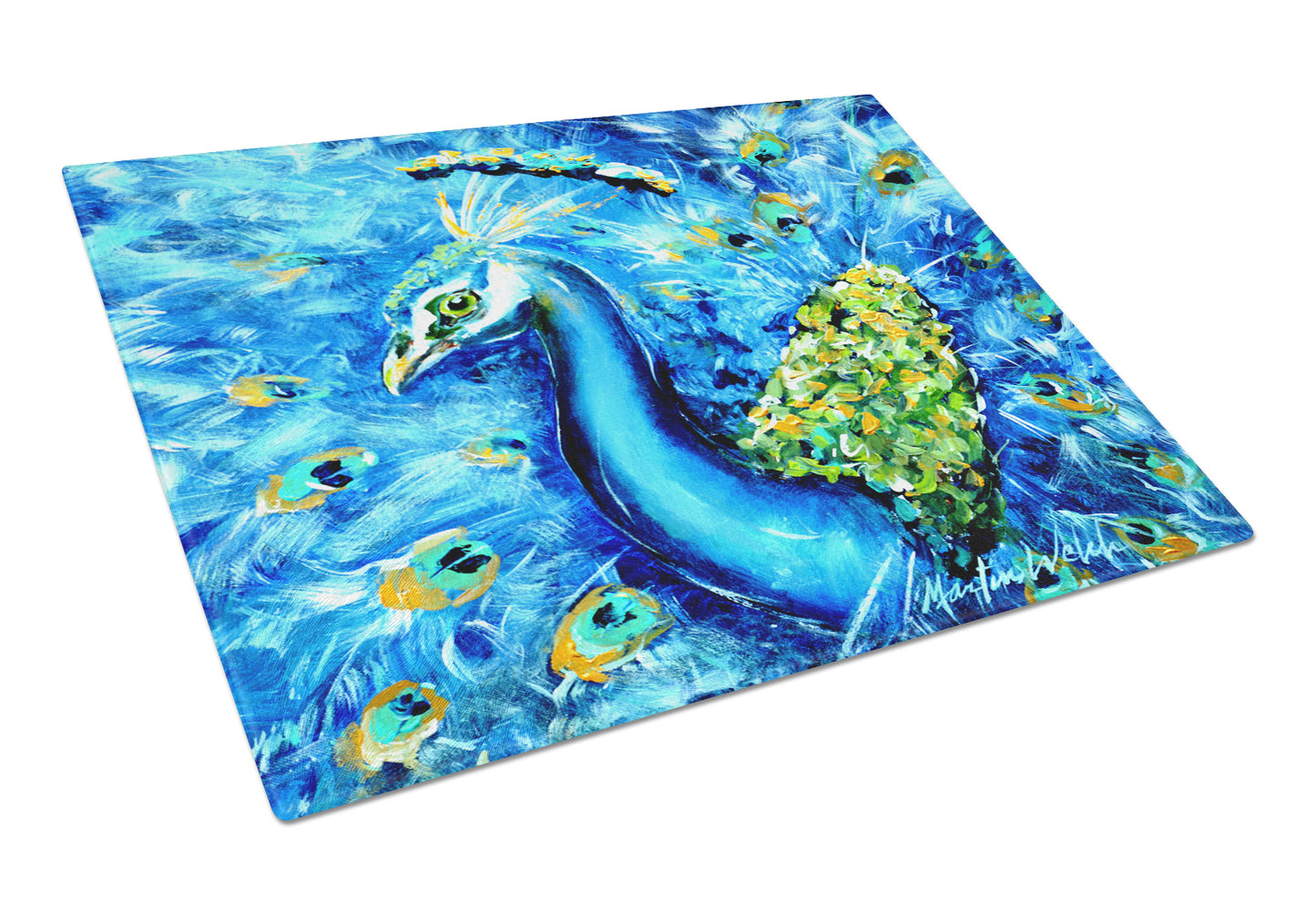 Buy this Peacock Straight Up in Blue Glass Cutting Board Large
