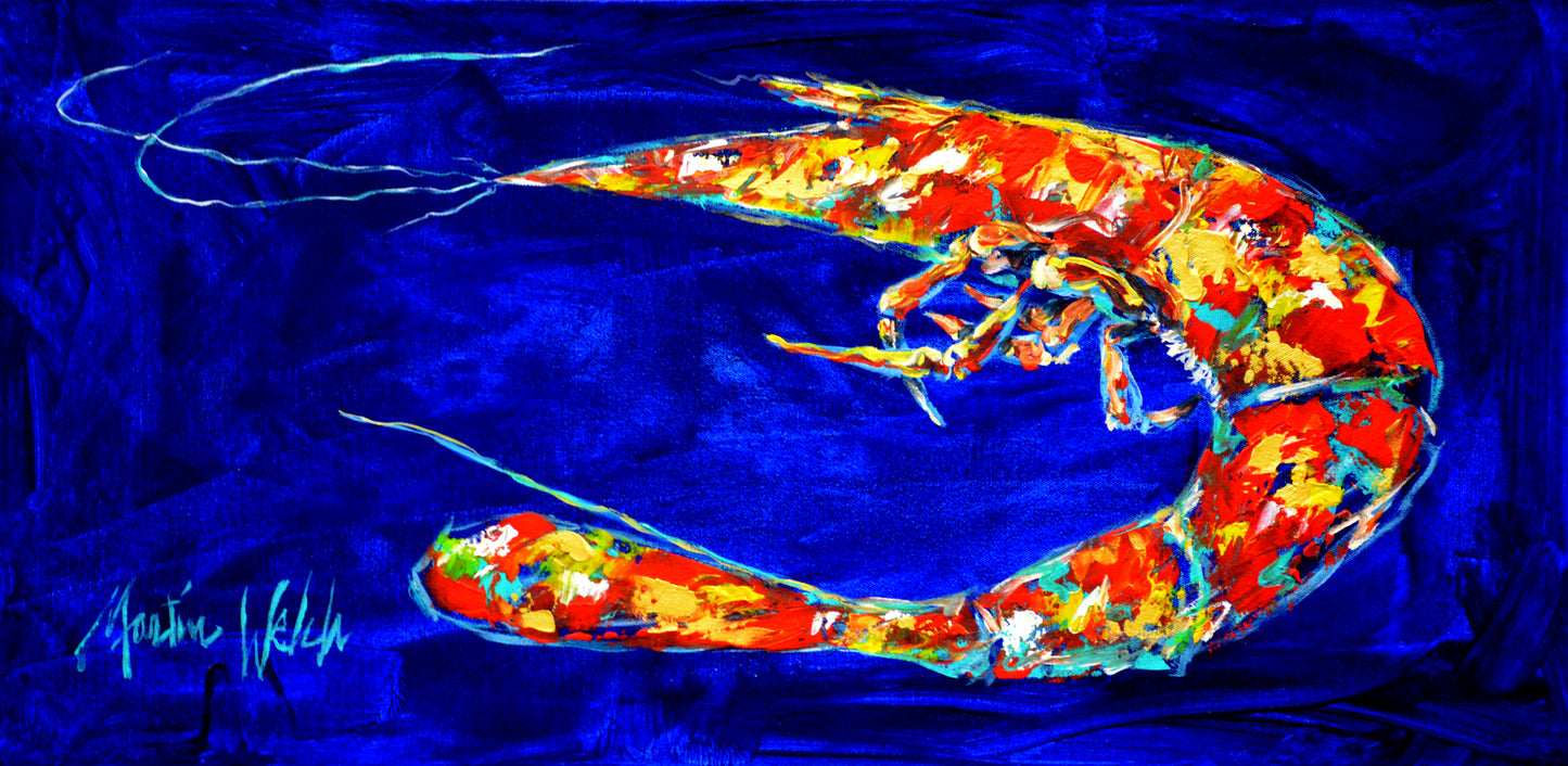 "Royal Blue" Original Painting of a royal red shrimp on a bright blue background 15x30
