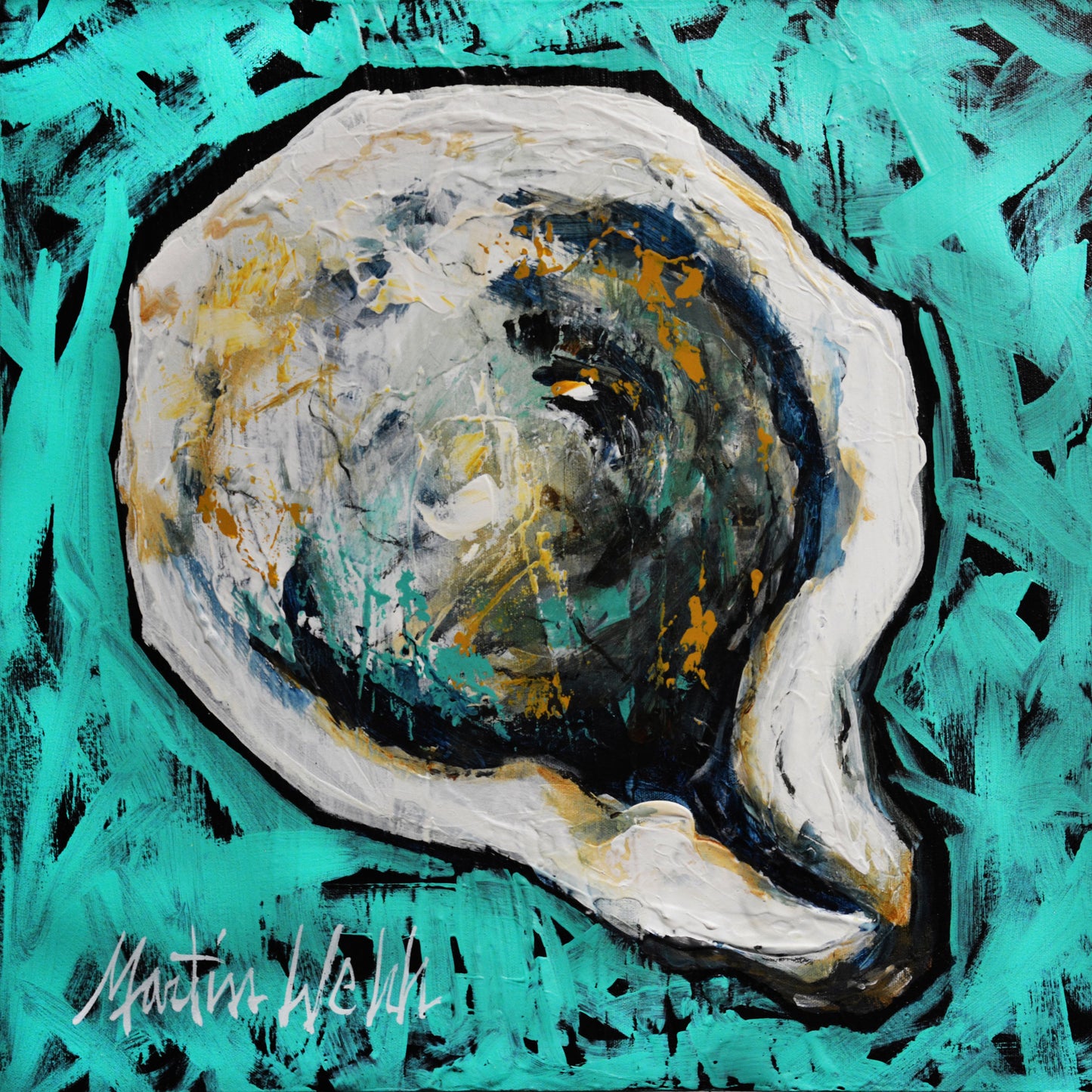 "Shell Down" Original Painting of an Oyster Shell on aqua/black background 20x20